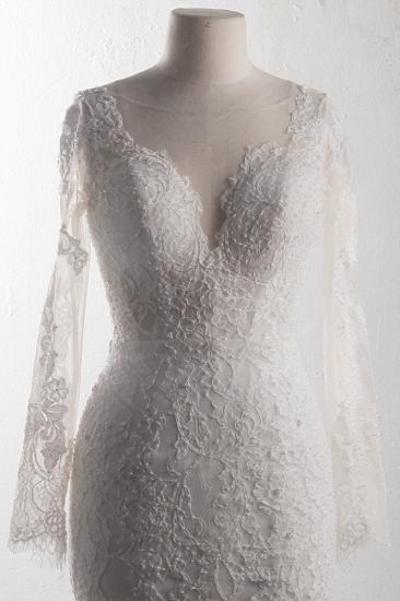 TsClothzone Elegantes Tüll-Spitzen-Hochzeitskleid mit V-Ausschnitt und langen Ärmeln Meerjungfrau-Applikationen Brautkleider mit Perlenstickerei Online_5