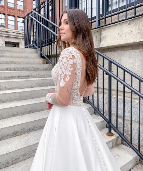 Romantic Soft Lace V-Neck Wedding Dress Long Sleeve A-Line Bridal Dress_2
