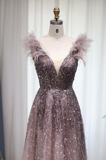 Luxury Glitter Sequins Aline Evening Party Dress V-Neck Fur Floor-Length Formal Dresses_9