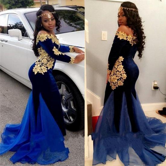 Off The Shoulder Gold Lace Prom Dress | 2022 Royal Blue Velvet Sexy Evening Gown_3