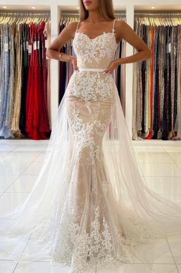 Stunning Spaghetti Straps Sweetheart Lace Mermaid Evening Dress with Tulle Detachable Train