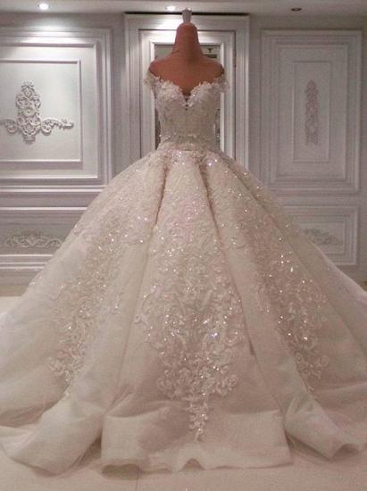 Elegant Off Shoulder Sweetheart Sequins Bridal Gowns|Long Lace Appliques Ball Gown Wedding Dress_3