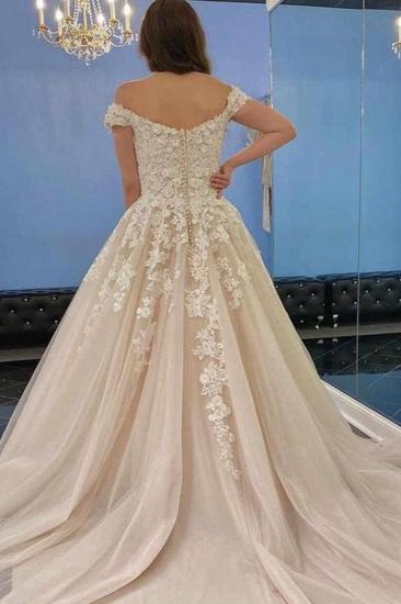 Glamorous Off Shoulder 3D Floral Lace Wedding Tulle Aline Bridal Dress_2