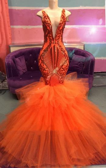 Orange Mermaid Lace Appliques Prom Dresses | Tulle Ruffles Sexy V-neck Cheap Evening Gowns_1