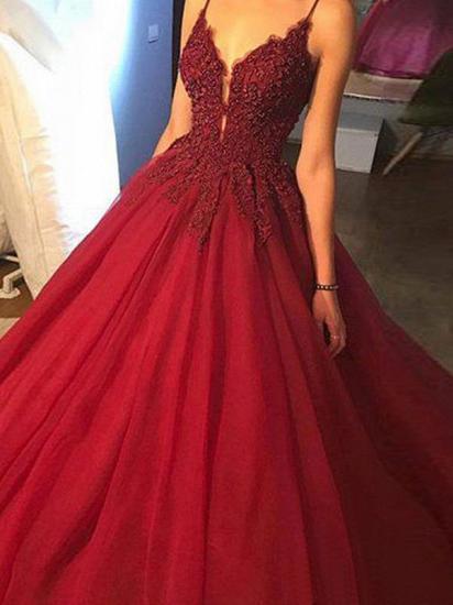 Gorgeous Spaghetti Strap Beads Prom Dresses | Red Elegant Lace Puffy Ball Gown Evening Dresses_4