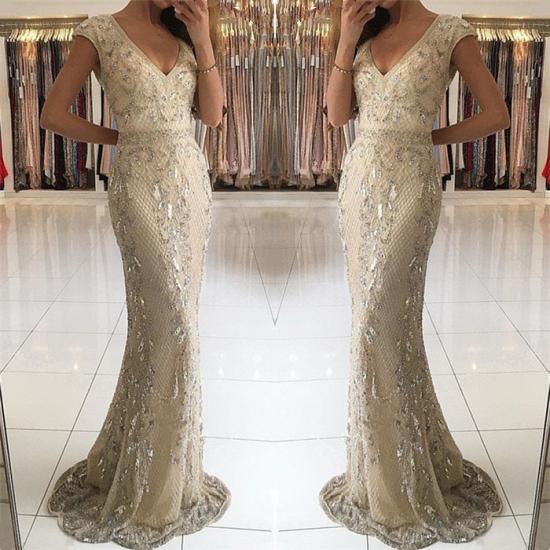 Elegant Champagne V-Neck Long Evening Dresses | 2022 Lace Crystal Mermaid Prom Dresses_3