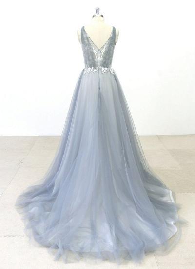 TsClothzone Elegant Gray Tulle Round Neck Beach Wedding Dress Jewel Sweep Train Bridal Gowns On Sale_3