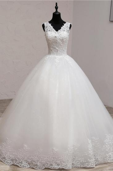 TsClothzone Ball Gown V-Neck White Tulle Wedding Dresses Sleeveless Lace Appliques Bridal Gowns with Beadings_2