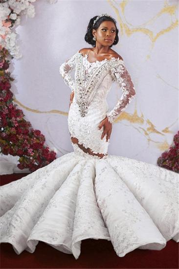 Luxurious Off-the-shoulder Long Sleeves Mermaid Ruffles Appliqued Beading Wedding Dresses_3