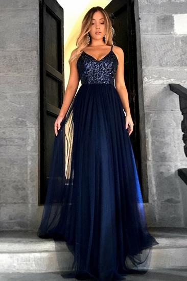 A-line Sequins Top V-neck Spaghetti Tulle Navy Prom Dresses_1