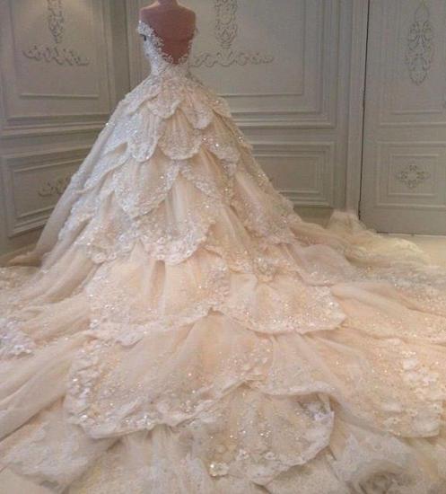 Luxurious Off the Shoulder Beading Wedding Dress Crystal Tiered Chapel Train Bridal Gowns_3