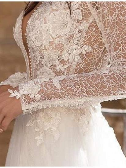 A-Line Wedding Dresses Plunging Neck Lace Tulle Long Sleeve Bridal Gowns Country Plus Size Court Train_3