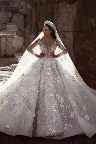 Glamorous Long Sleeves Flowers Wedding Dresses | 2022 Beadings Bridal Ball Gowns_2