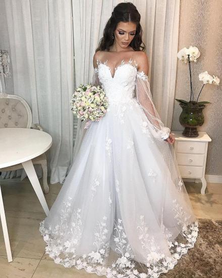 Elegant Off Shoulder Bubble Sleeves  Aline Tulle Lace Wedding Dress for Women_6