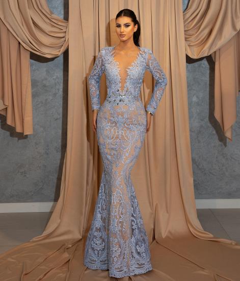 Luxurious Long Blue V-Neck Long Sleeve Lace Evening Dress | Homecoming Dresses Lace With Sleeves_3