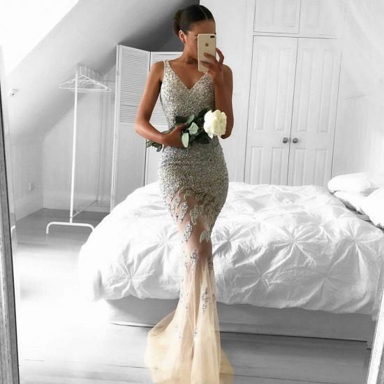 Straps Gorgeous Sheer Sleeveless Beads Tulle Mermaid Evening Dress_2