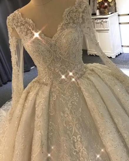 Luxurious Long Sleeve Lace Wedding Dresses| Bal Gown Crystal Bridal Gowns_3
