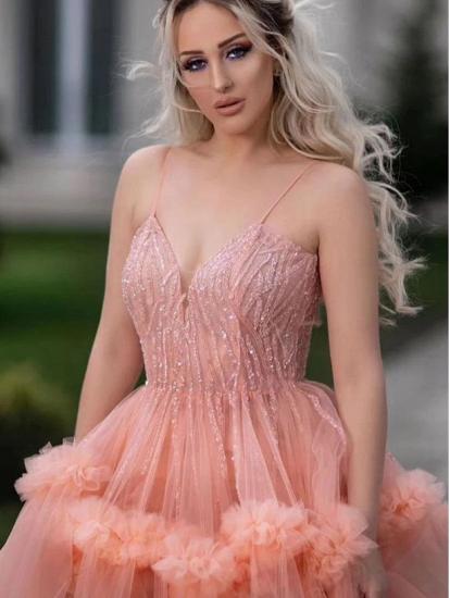 Sexy Spaghetti Straps Coral Evening Gowns | Stylish Sleeveless Tulle Ruffles Long Prom Dresses for Juniors_3