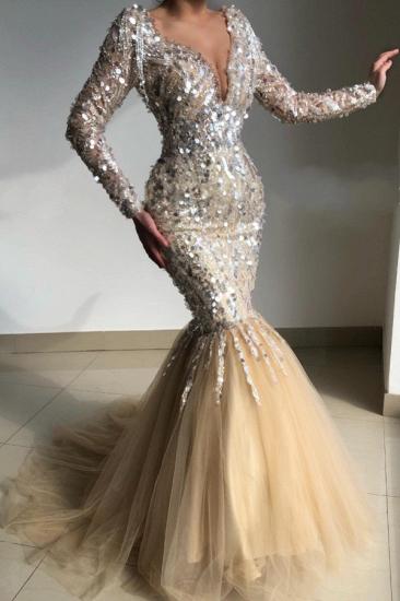 Long sleeves v-neck mermaid tulle champange prom dress_1