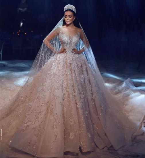 Glamorous Long Sleeves Flowers Wedding Dresses | 2022 Beadings Bridal Ball Gowns_1