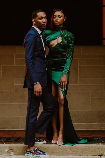 Sexy Dark Green Appliques Side Split Prom Dress Long SLeeve
