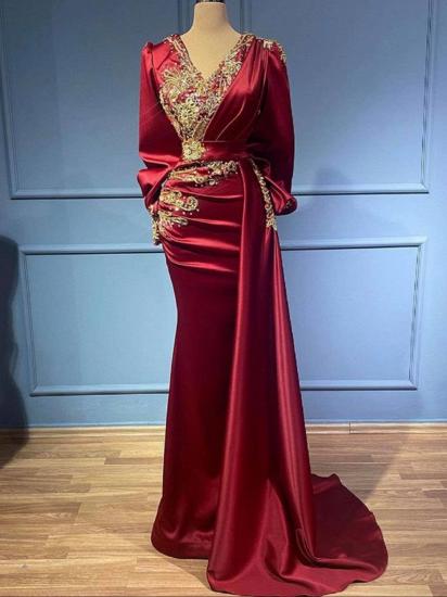 Elegant Long Red Evening Dress with Sleeves | V Neck Crystal Prom Dress_2