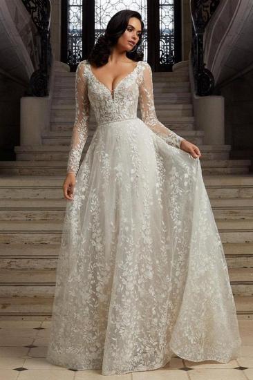Chic Long Sleeves White Floral Lace Wedding Dress Aline Garden Bridal Dress