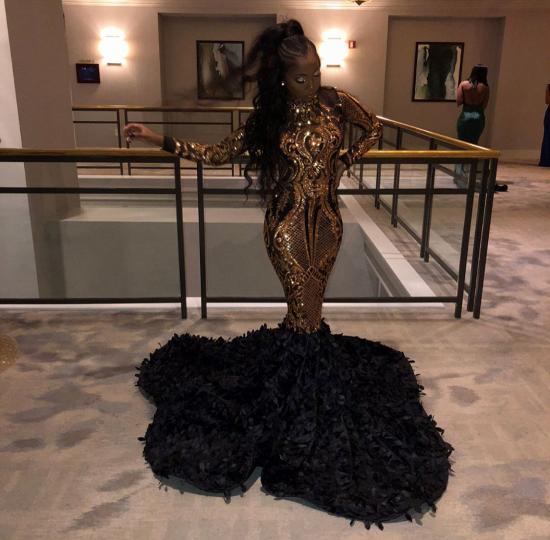 Golden Metallic Sequined Black High neck Mermaid Prom Dress with Fur_2