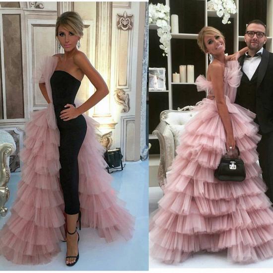 Black Straight Bodycon Evening Dress Overskirt Pink Tulle Tiered Ruffles Formal Dress 2022_3