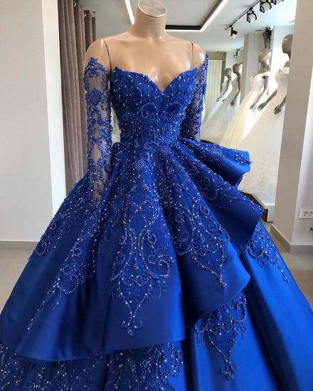 Gorgeous Royal Blue Lace Ruffled Prom Dress | Strapless Sweetheart Beads Quinceanera Dresses_1
