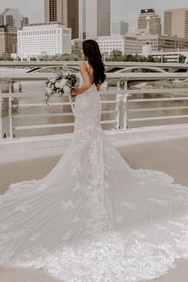 V-Neck Backless Mermaid Wedding Dress Tulle Lace Appliquéd Long Bridal Gown_2