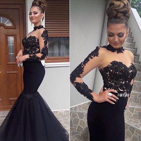 Black Mermaid Long Sleeves Prom Dresses | High Neck Appliques Evening Gowns_3
