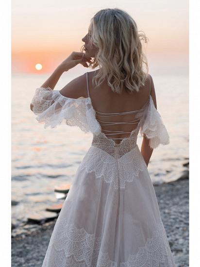 A-Line Wedding Dress V-neck Lace Tulle Short Sleeve Bridal Gowns Illusion Detail Backless with Sweep Train_3