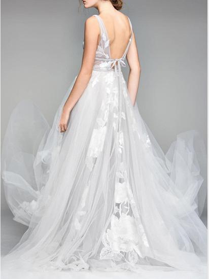 Casual Plus Size A-Line Wedding Dress V-Neck Tulle Sleeveless Bridal Gowns On Sale_2