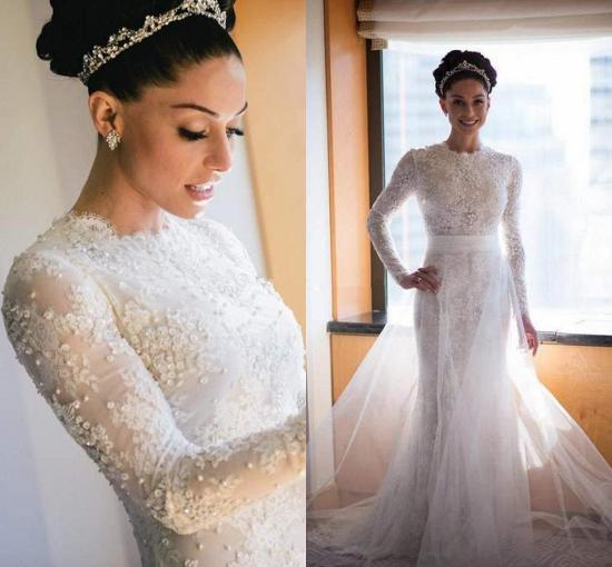 Neuestes Brautkleid mit hohem Kragen und langen Ärmeln und Perlenbesatz aus Spitze mit Sweep-Zug 2022_3