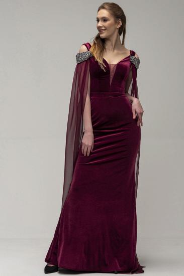 Elegant Burgundy Velvet Deep v-Neck Mermaid Evening Prom Dress with Sweep Cape