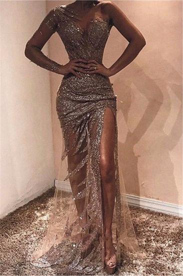 Sexy Sheath Sheer Straps One-Shoulder Tulle Sequins Prom Dresses