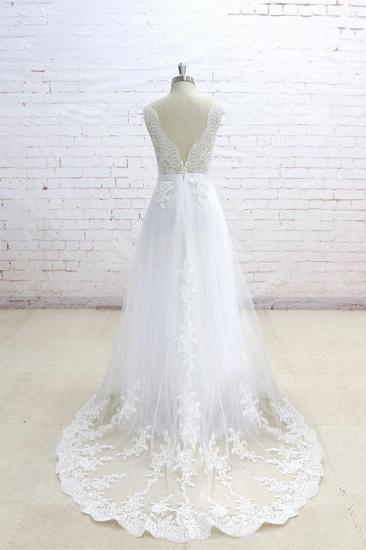Stilvolles ärmelloses Brautkleid mit V-Ausschnitt und Trägern | Weiße Tüll-Brautkleider in A-Linie mit Applikationen_3