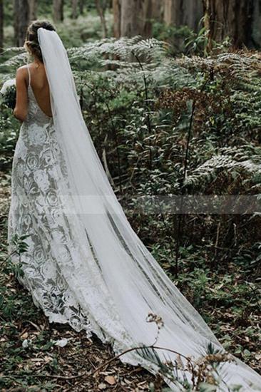Spaghetti Straps White Floral Lace Simple Wedding Dress_3