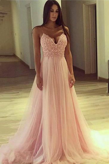 Spaghetti Straps V-neck Pink Prom Dress Cheap 2022 Lace Tulle Sleeveless Sexy Evening Gown
