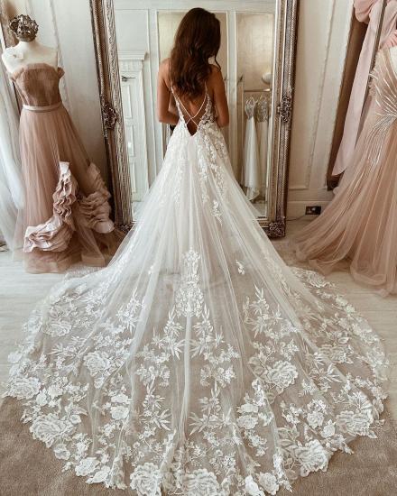 White lace beach tulle vneck boho long wedding dress_2