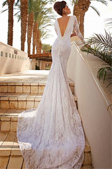 Sexy V-Neck Lace Bridal Dresses 2022 White Mermaid Long Sleeve Wedding Dresses_2