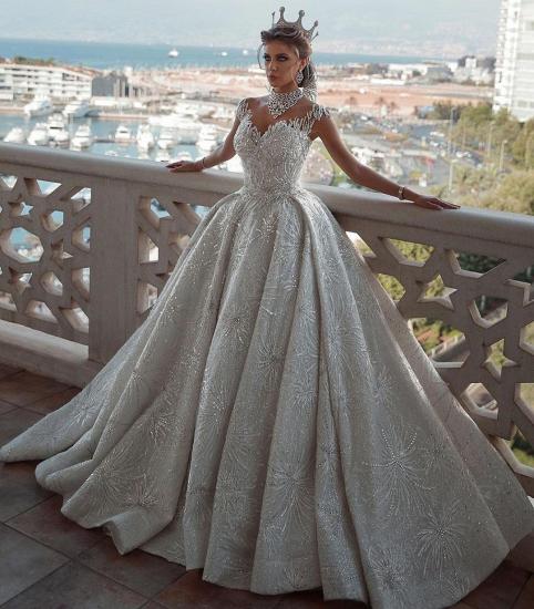 Romantic Sequined Pattern A-line Wedding Dress V-Neck Sleeveless Crystal Gowns_6
