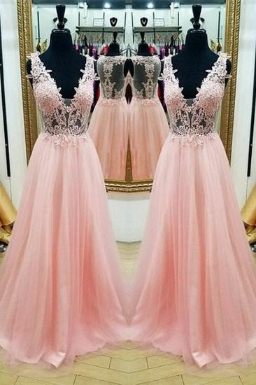 2022 Appliques Pink Evening Dress Cheap V-Neck Lace Beading Sleeveless A-line Prom Dresses