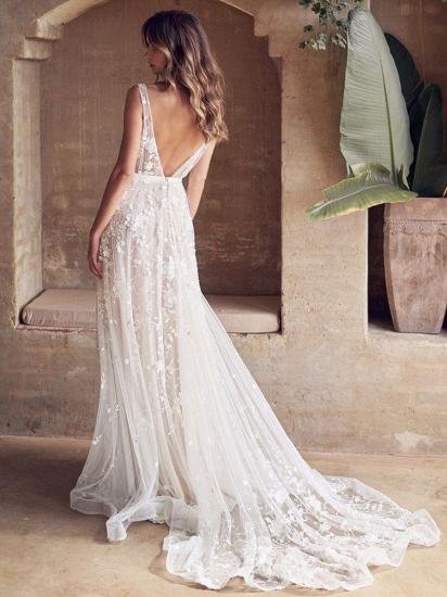 Glamorous A-Line V Neck Tulle Lace Appliques Wedding Dresses_3