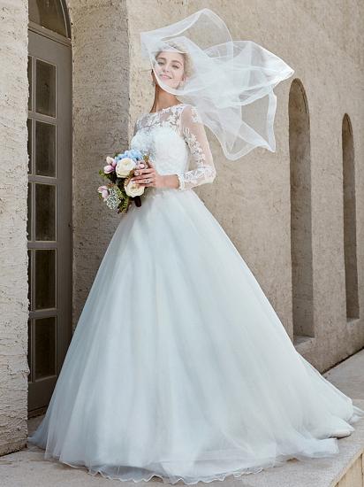 Beautiful Ball Gown Wedding Dress Bateau Lace Tulle Long Sleeves Bridal Gowns with Chapel Train_3