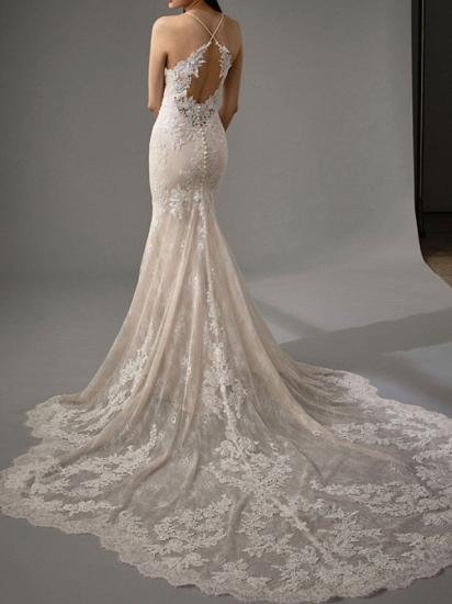 Sexy Sheath Wedding Dress Jewel Lace Sleeveless Bridal Gowns in Color with Chapel Train_4
