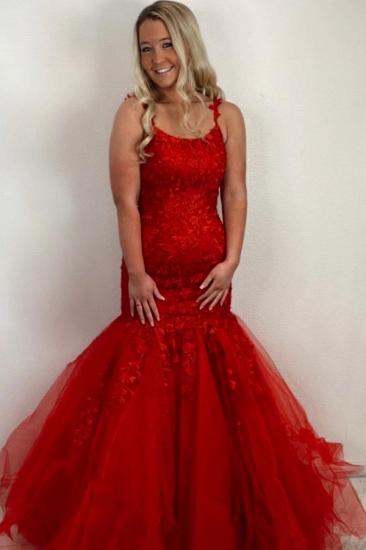 Stunning Sleeveless Red Floral Lace Tulle Mermaid Prom Dress
