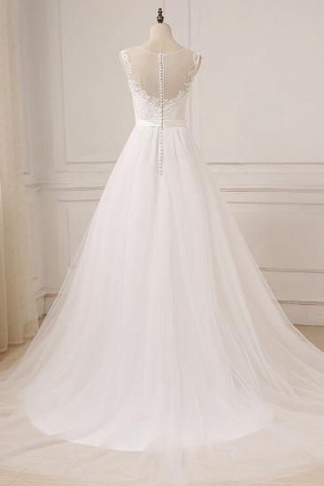 Glamouröses ärmelloses Juwelen-Hochzeitskleid aus Tüll | Weiße Brautkleider in A-Linie mit Applikationen_3