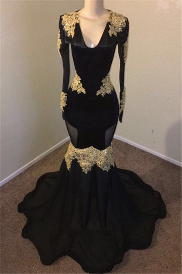Black Mermaid V-neck Long Sleeves Gold Appliques Evening Dress_1